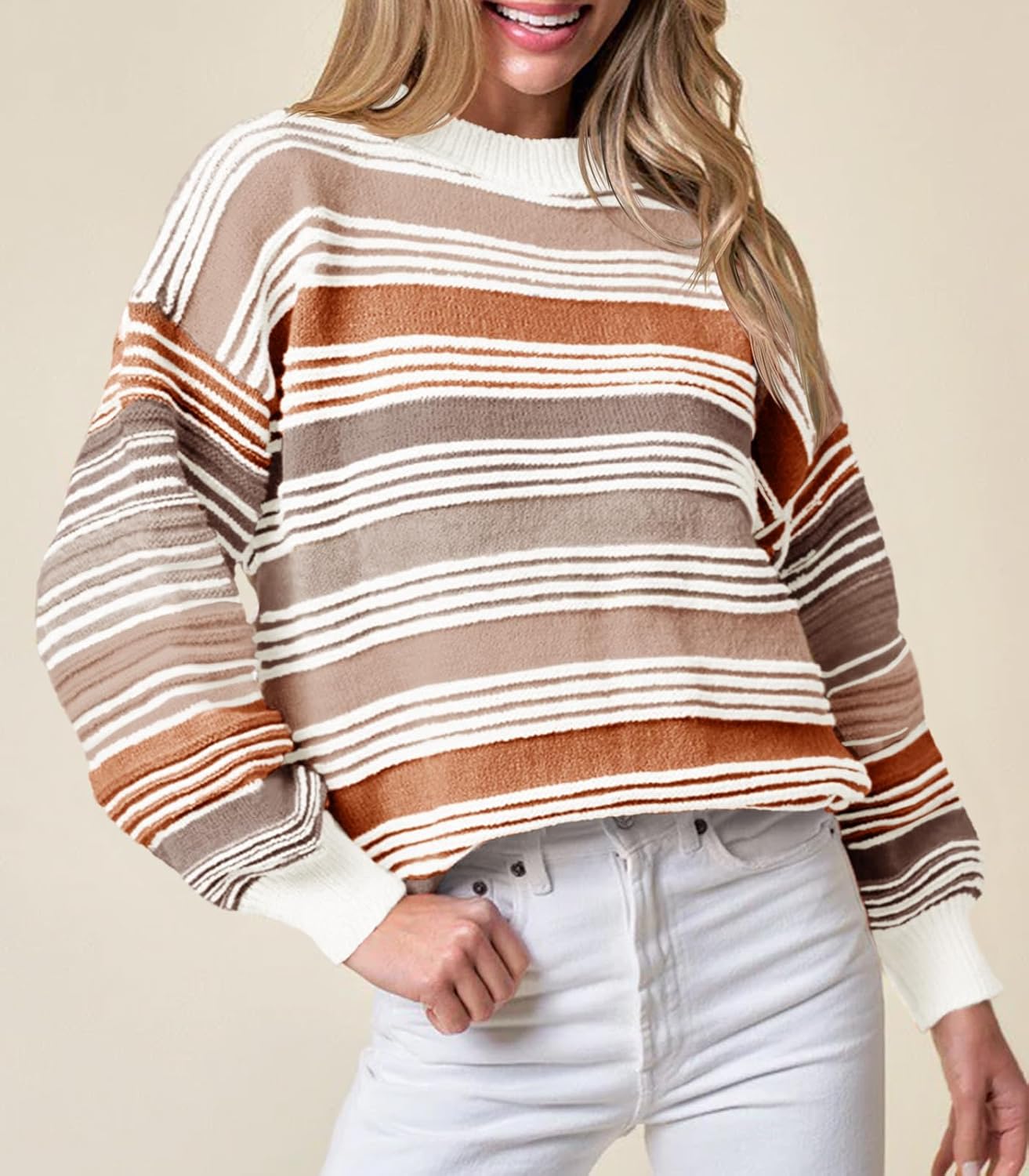 Saodimallsu Womens Striped Sweater Color Block Crew Neck Long Sleeve Fall Colorful Rainbow Knit Loose Pullover Top - Image 4