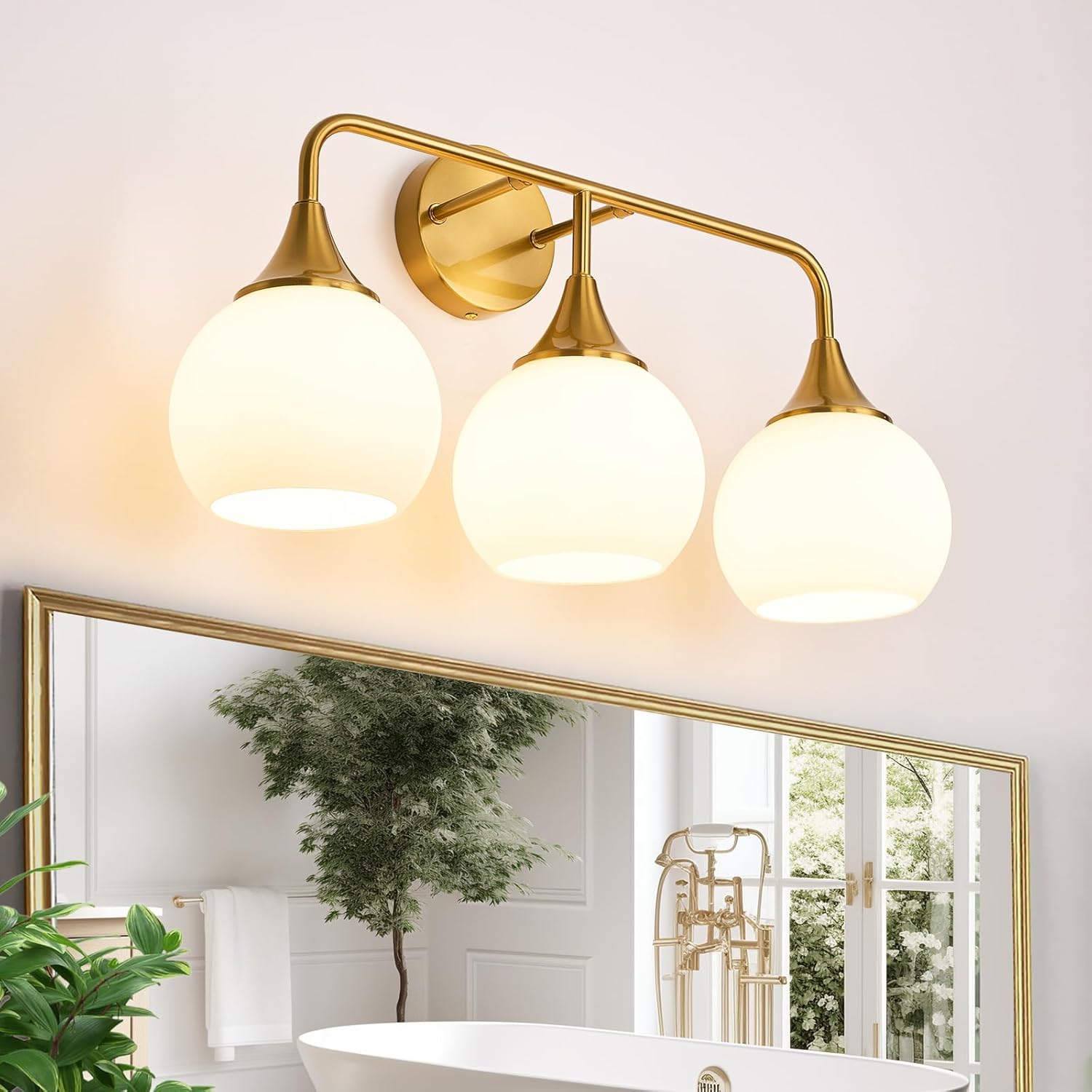 Modern Gold Bathroom Vanity Lights 3-Light Bathroom Light Fixtures Over Mirror with Milk White Glass Shade Modern Wall Sconce Lighting Bath Vanity Lights (Exclude E26 Bulb) Gold 3 Light