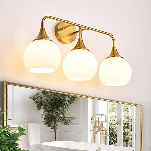 Modernas luces doradas para tocador de baño, lámparas de baño de 3 luces sobre espejo con pantalla de vidrio blanco leche, aplique de pared moderno,