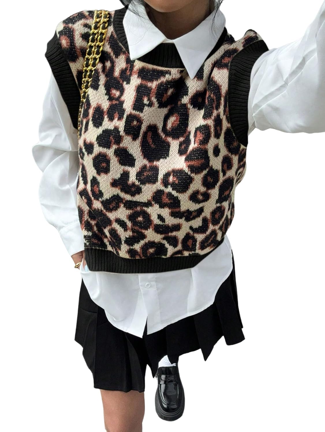 SweatyRocks Womens Fall Leopard Print Color Block Sweater Vest Crop Knit Sleeveless Pullover Sweater