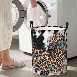 Cestas Ropa Sucia Cuero De Vaca Repujado Con Flores De Color Verde Azulado De Western Country Plegable Cubo De La Ropa Sucia Redondo Lavandería Cestas Para Hotel Familiar 34X42Cm