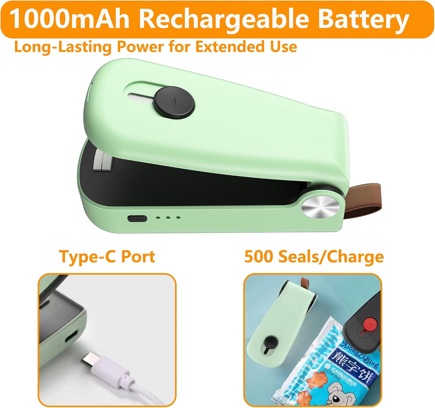 2-in-1 Mini Bag Sealer with cutter and magnet, Portable Heat Sealer, Bag Sealer Handheld with Lanyard, Rechargeable Chip Bag Sealer includes charging cable for Snack, Plastic Bag - Green image 4
