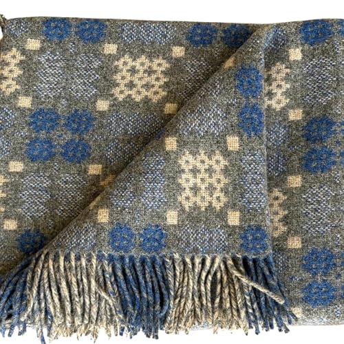 Cadwyn Gold Sepia And Bluejay Welsh Tapestry Woollen Throw. Traditional Carthen Welsh Blanket - Caernarfon Pattern. Finished With Fringing