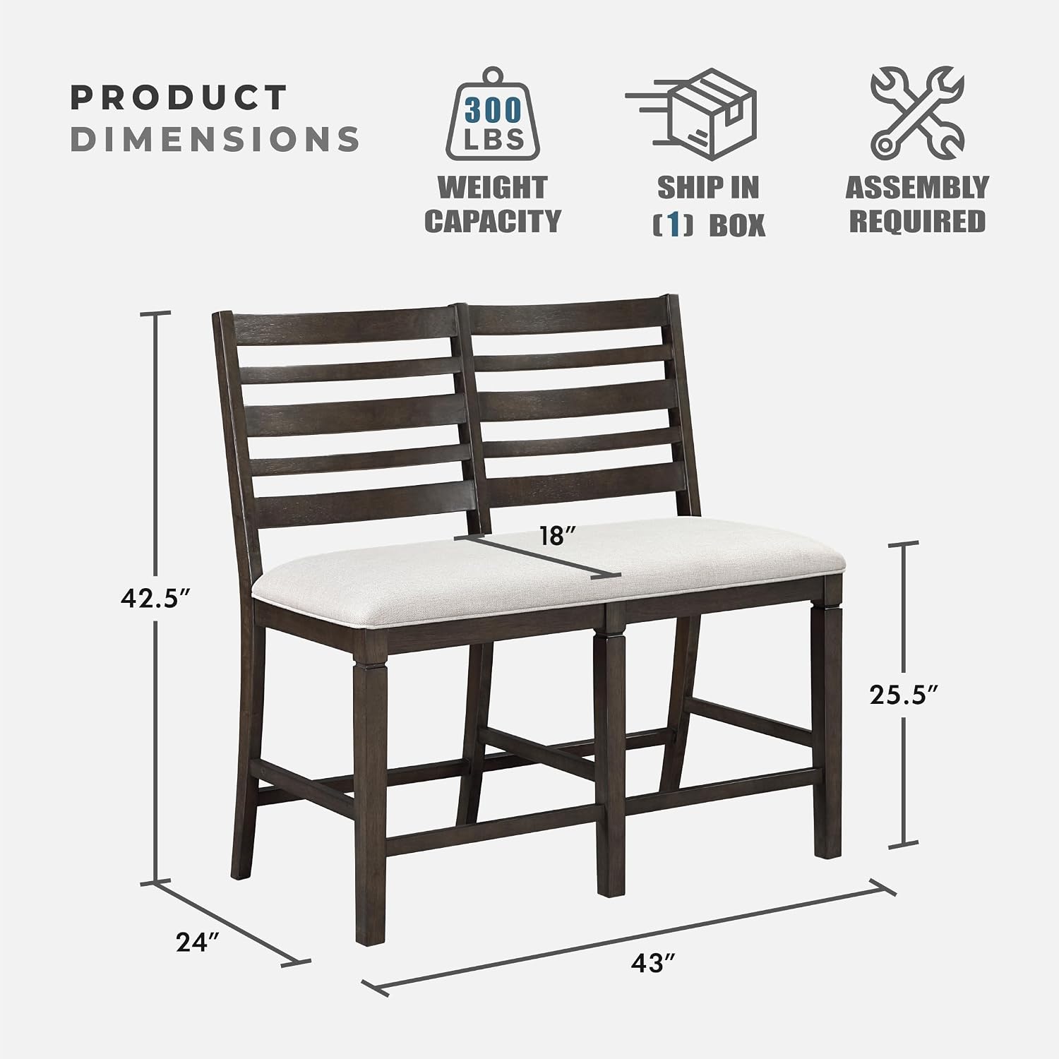 Lexicon 43" W Counter Height Dining Bench with Padded Seat, Ladder Back Wood Frame, Beige Textured Fabric Upholstered Dining Seat for Kitchen/Living Room, Easy Assembly, Dark Espresso
