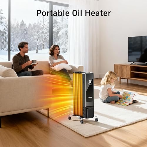 Miniatura 5 de Calentador radiante lleno de aceite, 1500 W, con control remoto, 7 aletas, con control remoto, 3 modos, termostato digital, temporizador de 24