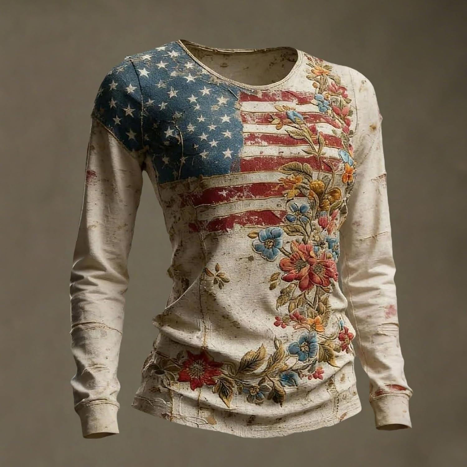 Women's American Flag Shirt, 4Th of July T-Shirts, Long Sleeve Crewneck Patriotic Blouse, S-3XL