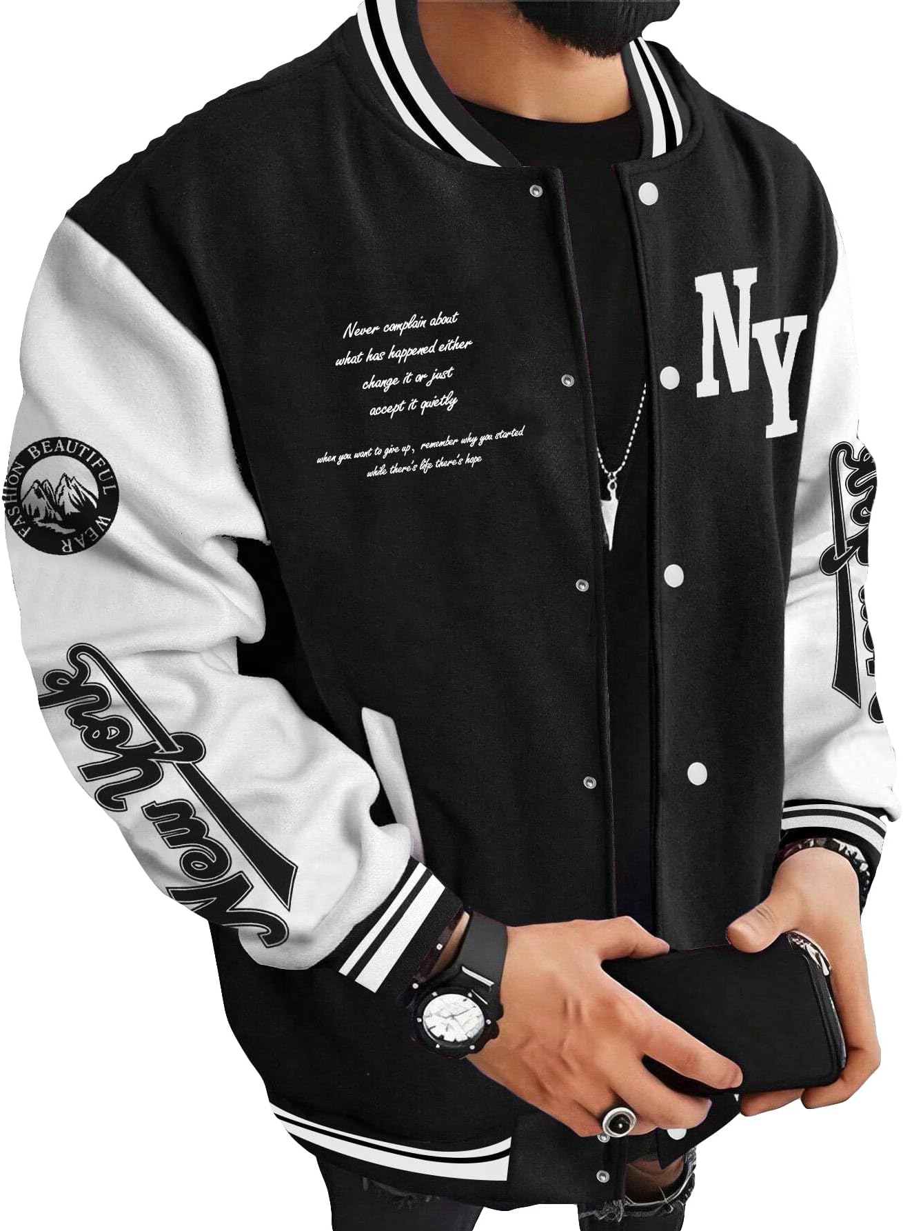 SOLY HUXMen's Varsity Jacket Color Block Letter Graphic Long Sleeve Baseball Jacket Bomber Coat