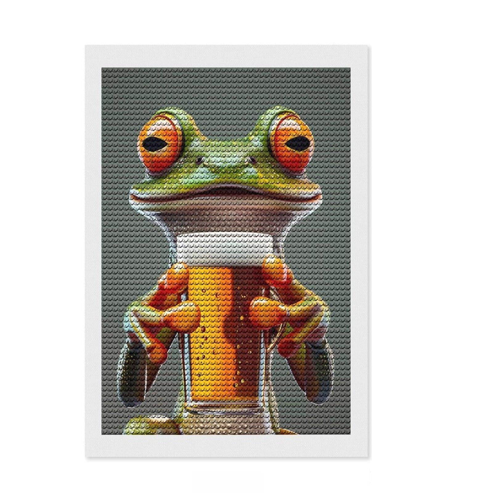 Junmoney Frog Beer Full Drill Diamond Painting Kit 8"x12", Relaxing DIY Hobby, Calming Craft to Unwind, Vintage Style Decor