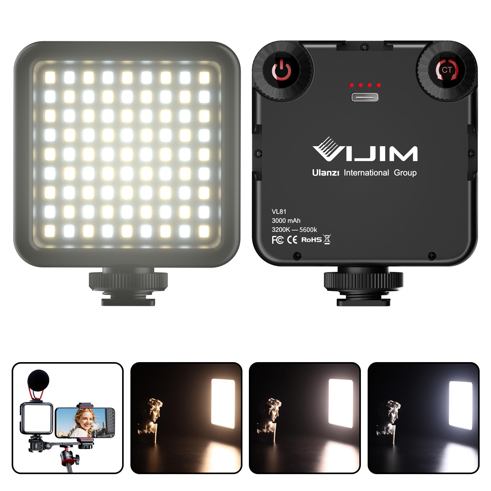 ULANZI VL81 Luce per Video, Led Usb con 3 Cold Shoe, Batteria Ricaricabile 3000mAh, Bicolore Dimmerabile 3200K-5600K CRI95+, Luce Fotografica Portatile per YouTube Tiktok Videoconferenze DSLR Vlog