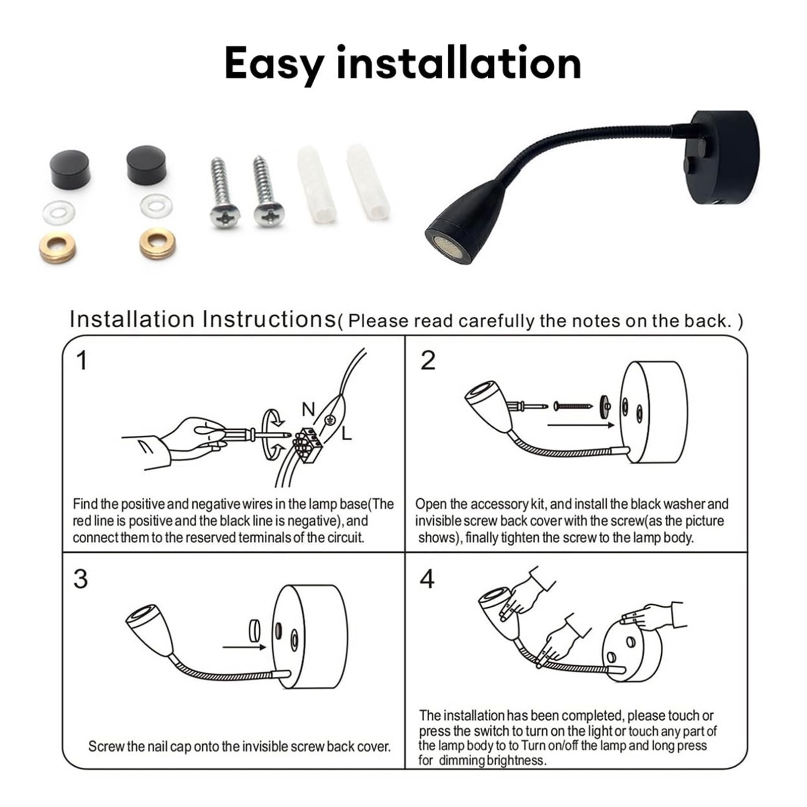 GDBAGKDQK Lámpara De Pared Cuello Cisne Regulable Con Luz Lectura LED For RV, Barco, 2 Unidades, 12 V, 3 W, Táctil Inteligente, For Cabina Yate O Autocaravana Luces Brillantes(Black)