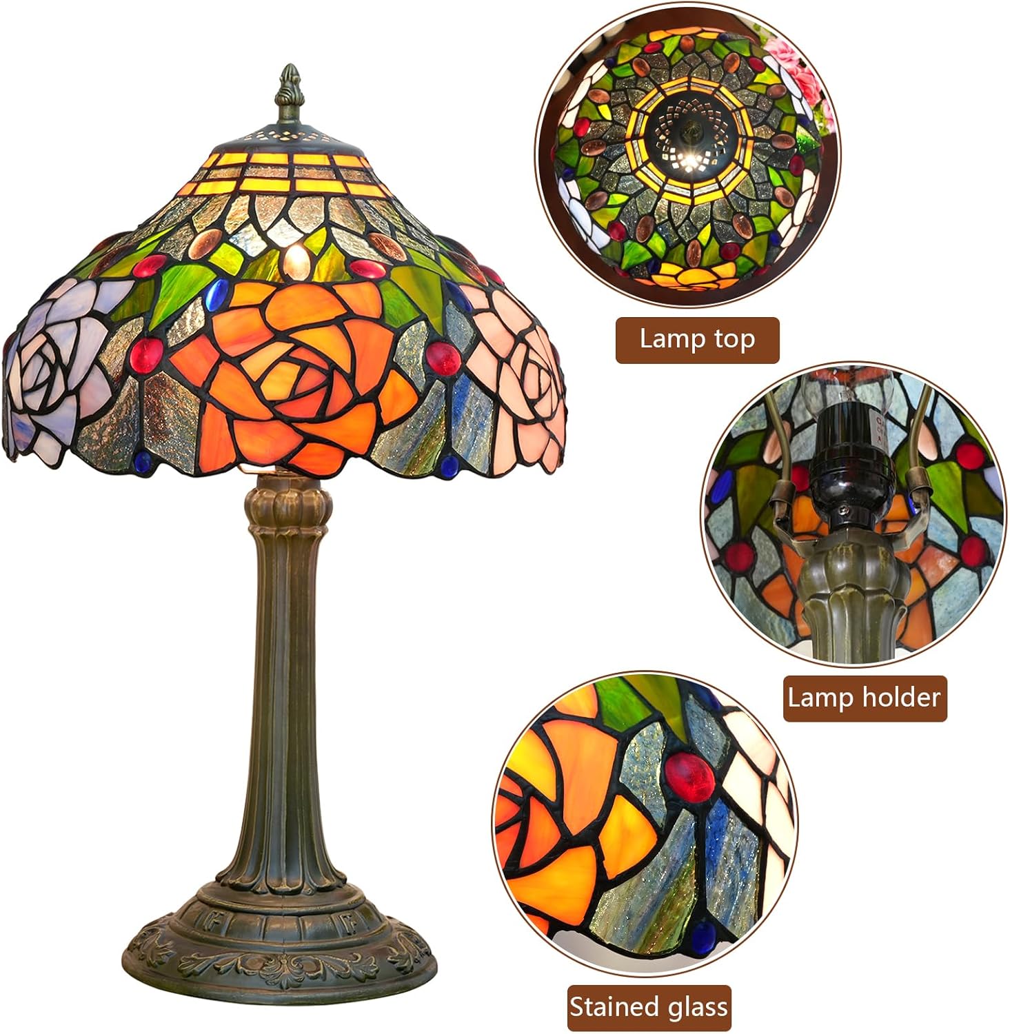 Tiffany Style Stained Glass Lamp Red Orange Purple Pink Rose Table Lamp Bedroom Bedside Reading Desk Light for Living Office Retro Unique Cute Accent Decor 12" Village Gift Nightstand Lamps