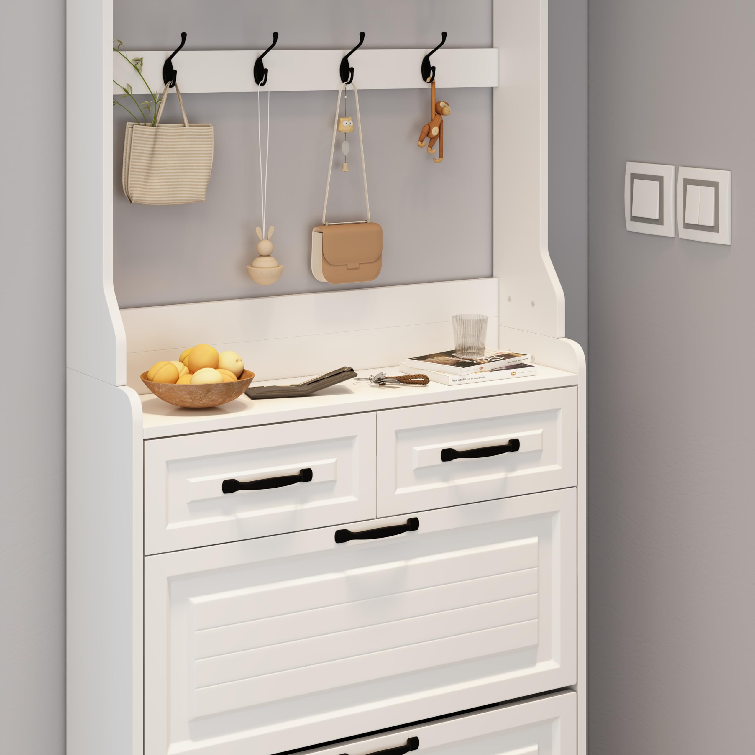 Refined White Shoe Cabinet with Hanger 3 Doors 2 Drawers