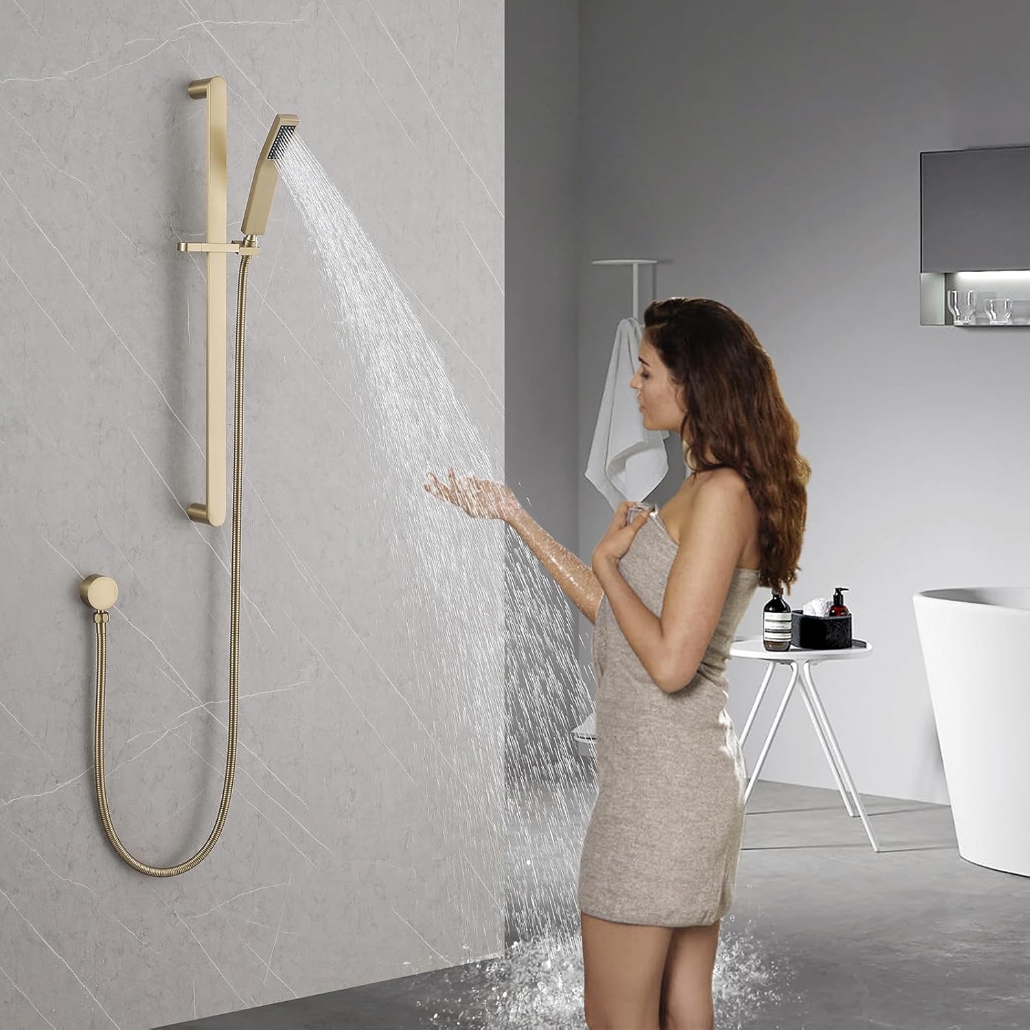 Brass Shower Slide Bar Handheld Shower Head with Hose, Bathroom Showerhead with Handle Spray, High Pressure Shower Slide Bar Height Adjustable with 59.06 Inch Stainless Steel Hose Brushed Gold