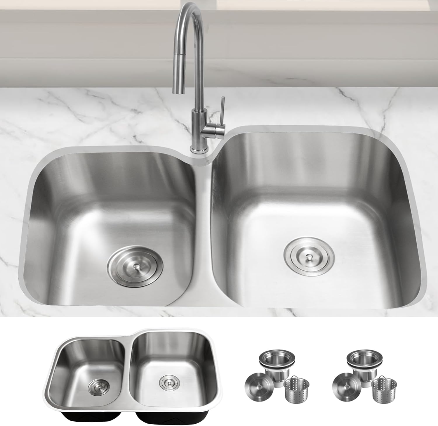 KABCO 32 Inch Stainless Steel 40/60 Double Unequal Bowl Classic Kitchen Sink, Extra Thick 18 Gauge Undermount Rust, Sound and Heatproof Sink with Sink Strainer and Removable Garbage Basket