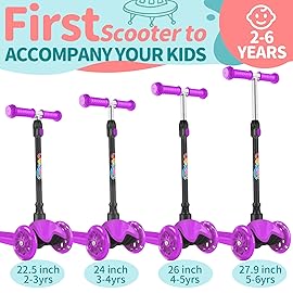 BELEEV A1 Scooter for Kids Ages 2-6, 3 Wheel Scooter with Light-Up Wheels, Non-Slip Deck, Adjustable Handlebar Height, Lean to Steer, Wide Platform, Purple