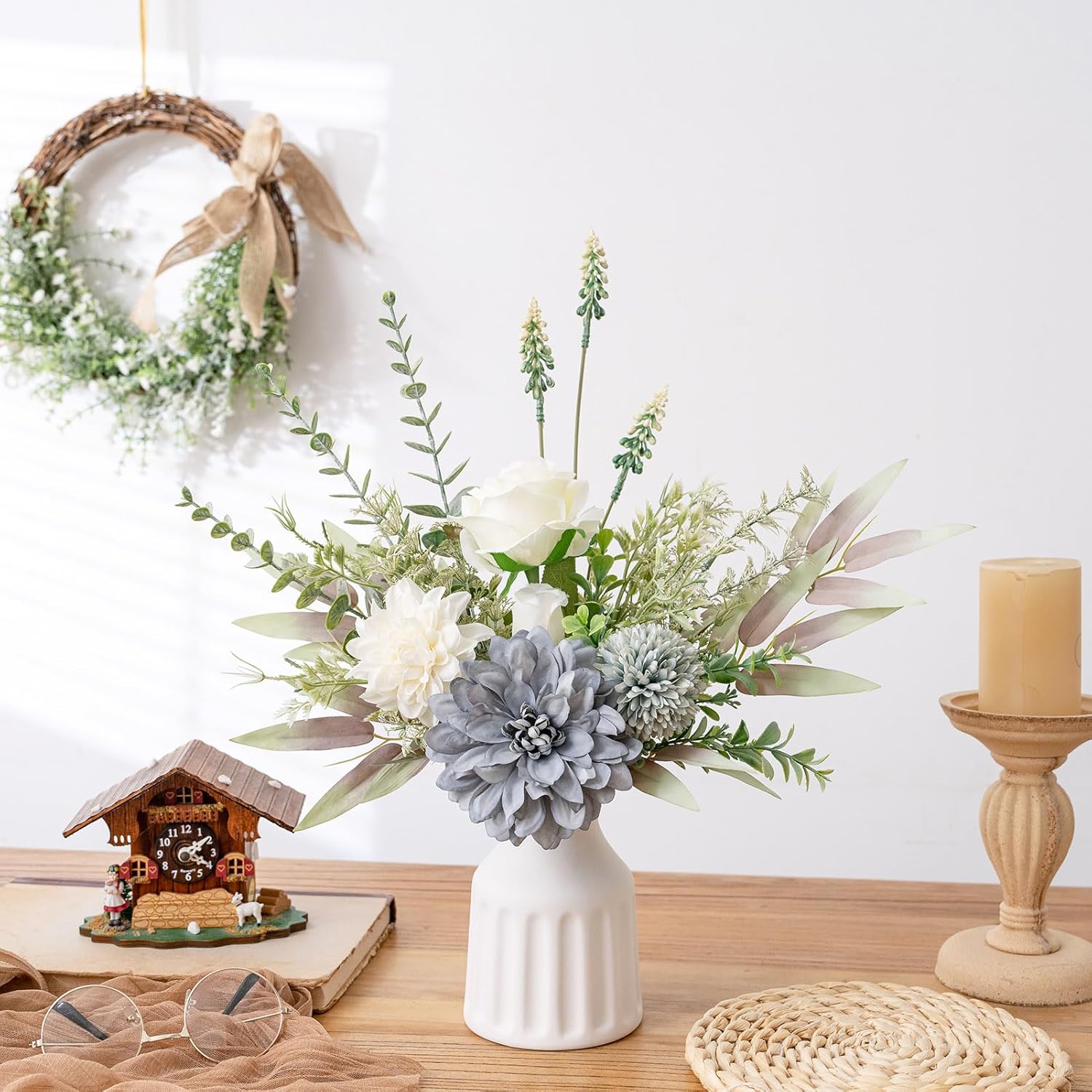 Fake Flowers in Vase, Artificial Flowers with Vase, 15.7'' Floral Arrangements for Dining Table Centerpiece Decor, Silk Roses & Faux Dahlia Bouquet for Farmfouse Kitchen Coffee Table Decor (Blue) - Image 3