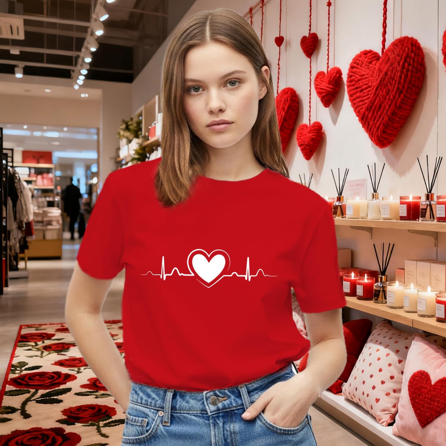 Valentines Shirts for Women Valentines Day T-Shirt Heartbeat Pattern Tee Tops - Image 4
