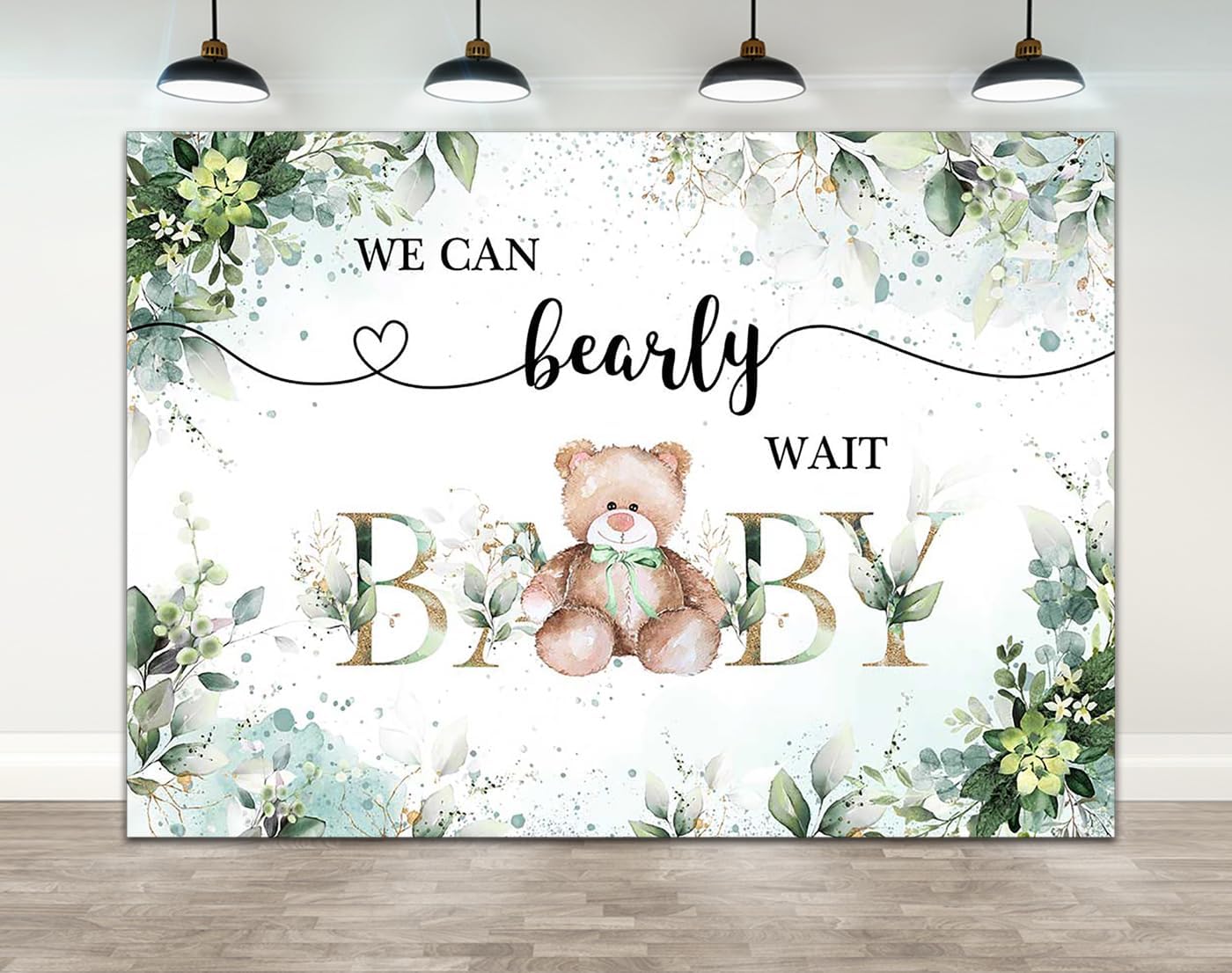 Bear Baby Shower Backdrop, We Can Bearly Wait Photography Background Newborn Party Shooting Prop Eucalyptus Leaves Watercolor Floral Cake Table Decoration Birthday Party Background 59ft X 36ft