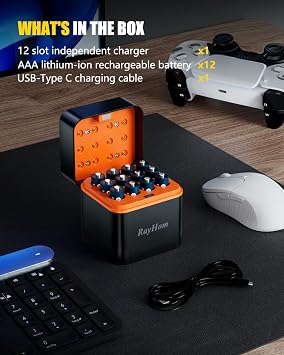 12-Pack Rechargeable Lithium AAA Batteries with Charger, 1.5V Constant Output, 1100mWh High Capacity, 12-Slot Triple AAA Li-ion Charger with Smart Charging, Multiple Charging Protections