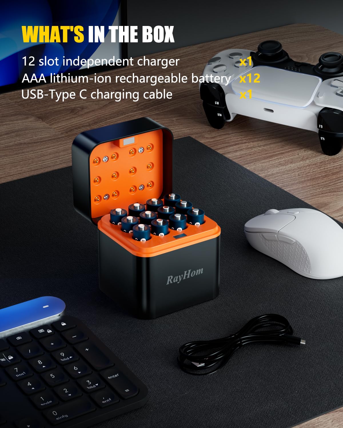 Confezione da 12 batterie ricaricabili al litio AAA con caricatore, uscita costante da 1,5 V, 1100 mWh ad alta capacità, 12 slot triplo AAA Li-ion caricabatterie con ricarica intelligente