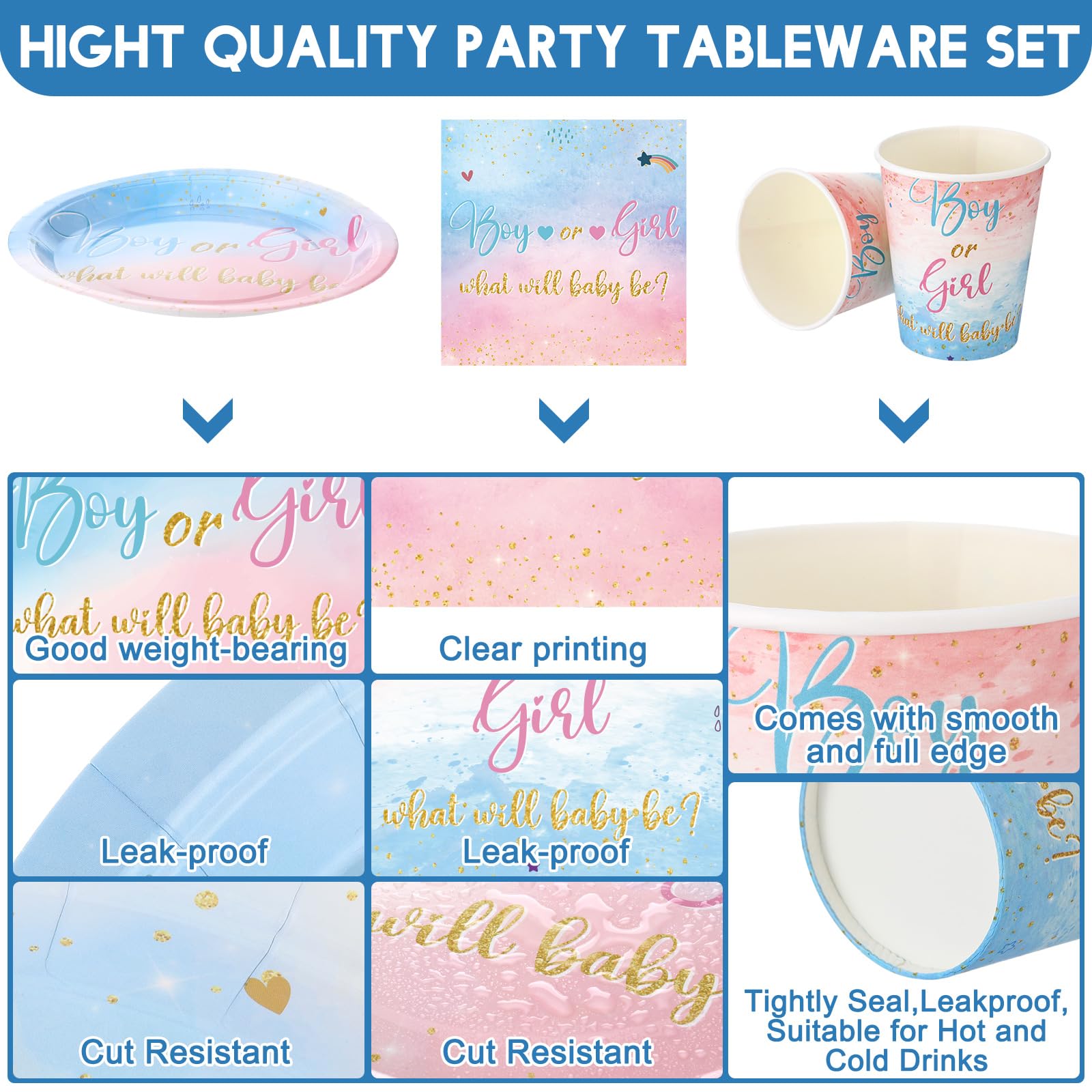 Hushee 200 Stück Geschlechtsoffenbarung Babyparty Pappteller Servietten Becher Babyparty Partyzubehör Geschirr-Set Einwegbecher Serviette für 50 Gäste Party Dekoration