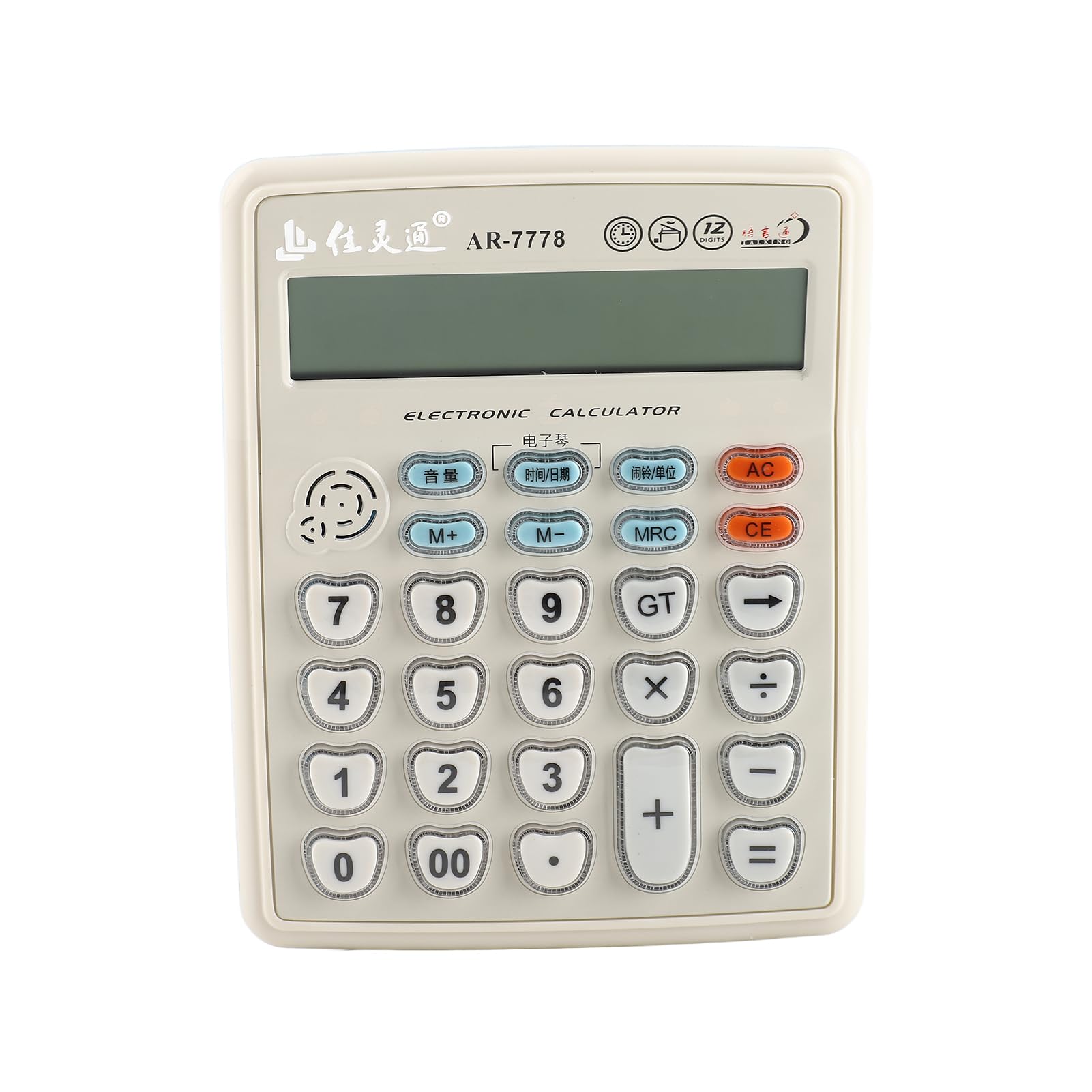 AR 7778 Desktop Calculator with Voice Function 12 Digit Large Display and Dual Layer Keys Features Music Playback Alarm Clock Date Time Display and Volume Control