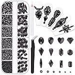 2060Pcs Black Glass Nail Rhinestones 60Pcs Multi Shapes Flatback Nail Gems + 2000Pcs 1.5-4mm Round Crystal, Manicure Nail Charms Diamond Gemstones for Acrylic Nails Decoration
