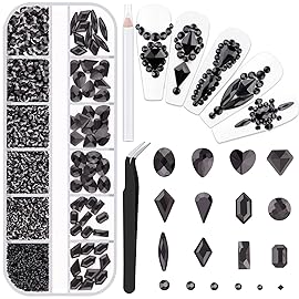 2060Pcs Black Glass Nail Rhinestones 60Pcs Multi Shapes Flatback Nail Gems + 2000Pcs 1.5-4mm Round Crystal, Manicure Nail Charms Diamond Gemstones for Acrylic Nails Decoration