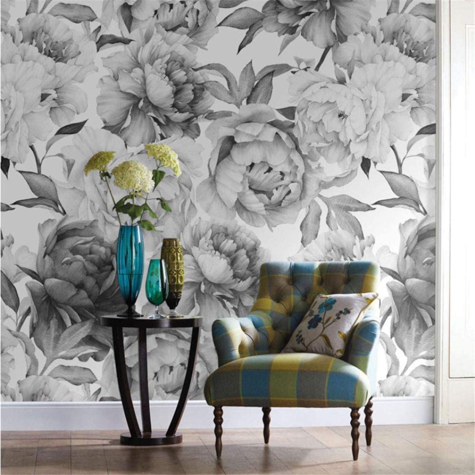 Grey Black and White Floral Custom Mural Wallpaper, Modern Art Poster Removable Self-Adhesive Large Wallpaper Mural for Restaurant Hotels Modern Living Room Home Decoration - 157.5