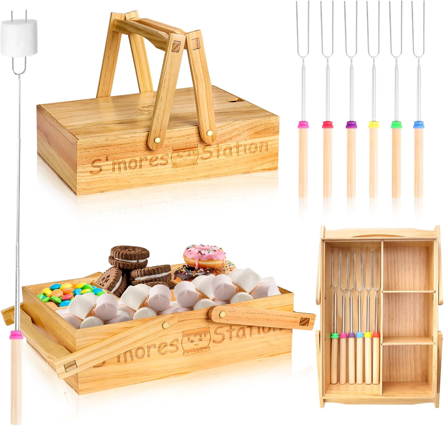 4 in 1 Smores Station with Handles 6 Pcs 32'' Marshmallow Roasting Sticks Wooden Smores Caddy Organizer Smores Tray with Lid Smore Skewers Extendable Smores Box Storage (Wood Color)