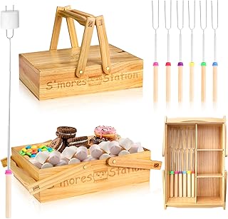 4 in 1 Smores Station with Handles 6 Pcs 32'' Marshmallow Roasting Sticks Wooden Smores Caddy Organizer Smores Tray with Lid Smore Skewers Extendable Smores Box Storage (Wood Color)