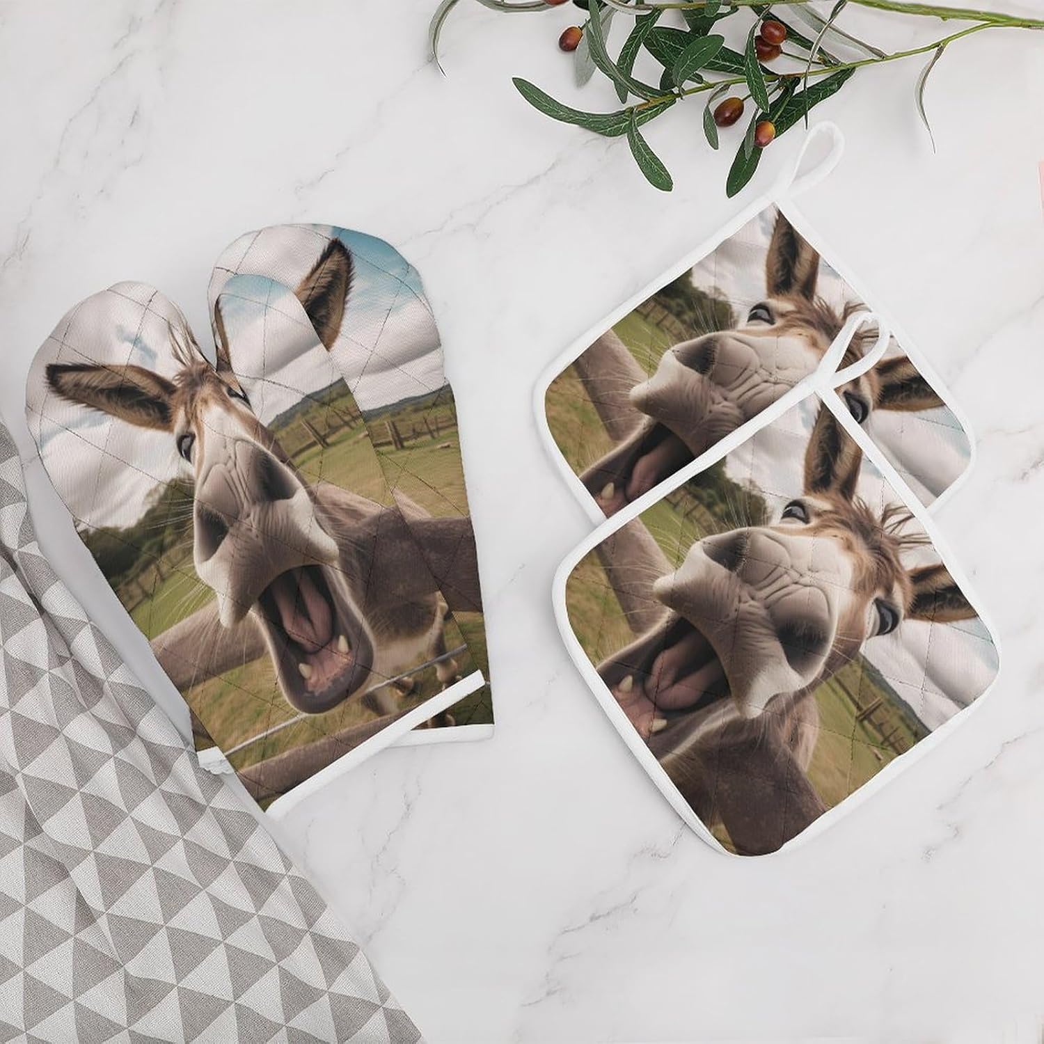 Brown Furry Donkey 4 Pcs Oven Mitts and Pot Holders Set High Heat Resistant Long Kitchen Oven Glove Potholders
