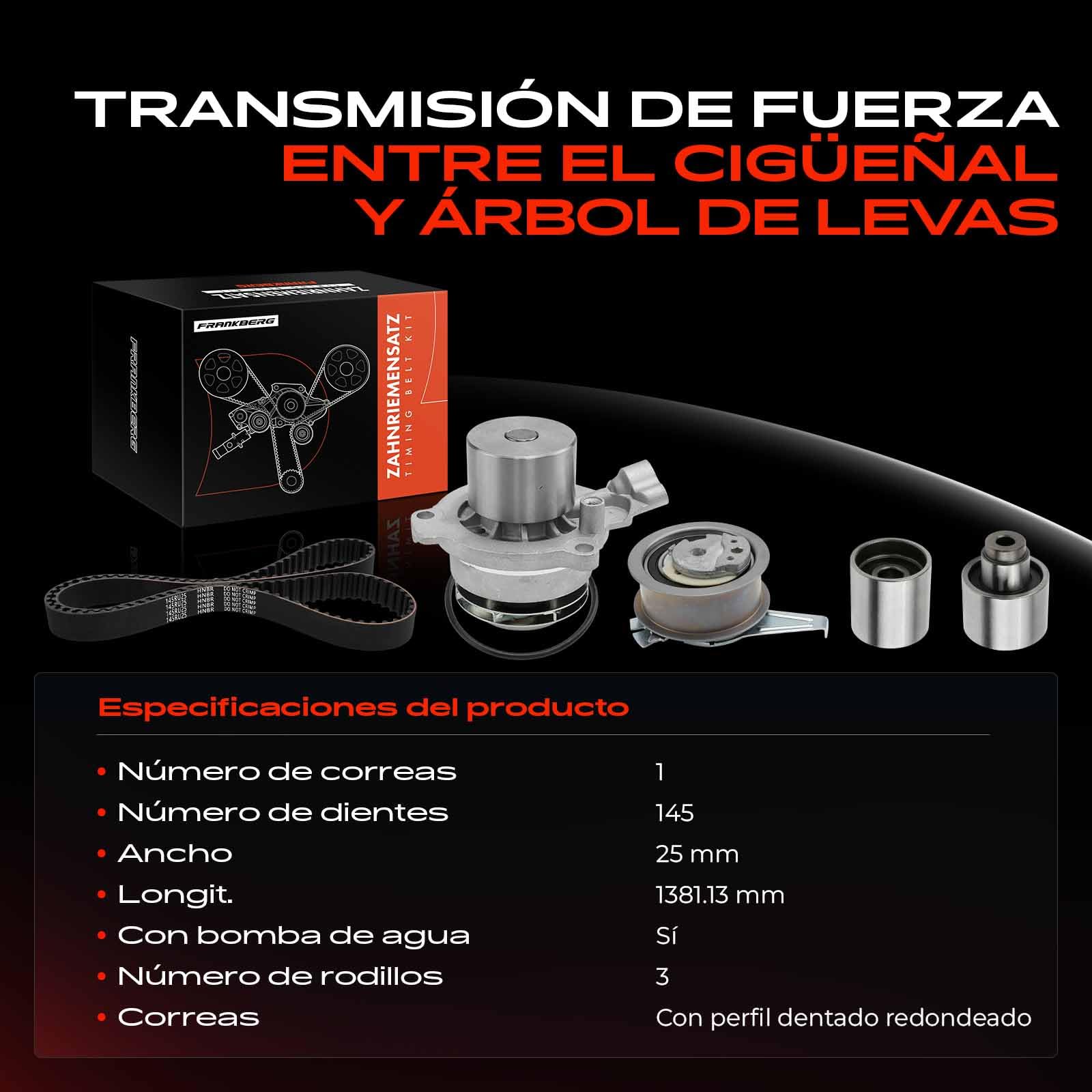 Frankberg Kit de correa de distribución con bomba de agua diésel | Compatible con: T.o.u.r.a.n 5T1, A1 Sportback 8XA 8XF, Limusina A3 8VM 8VS, O.c.t.a.v.i.a III 5E3 NL3 NR3