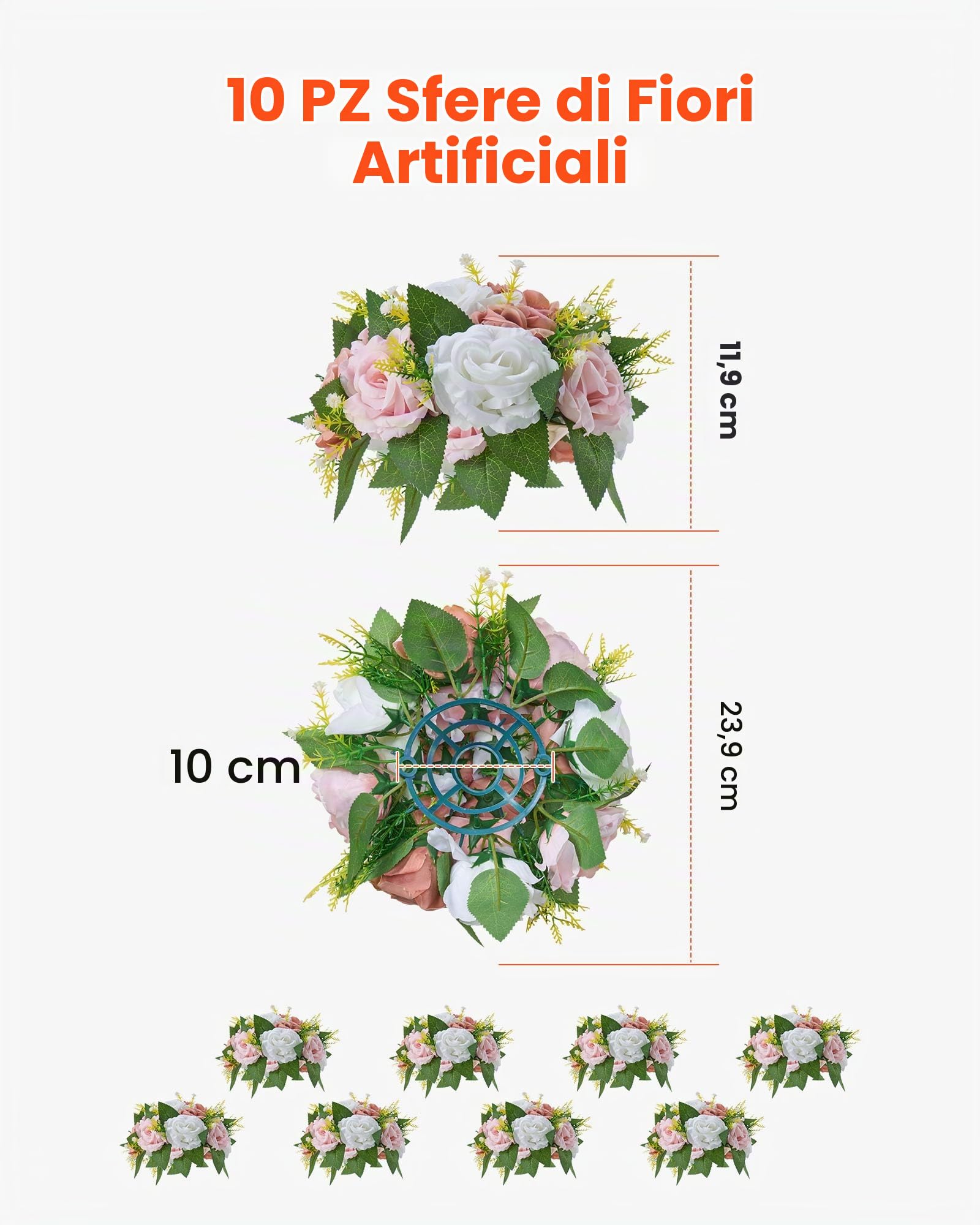 VEVOR Bouquet di Fiori Artificiali, 10 Pezzi, Diametro 24 cm, Centrotavola di Rose per Matrimonio, Composizioni Floreali Finte per Cerimonie, Ricevimenti, Decorazioni per Esterni, Bianco e Rosa