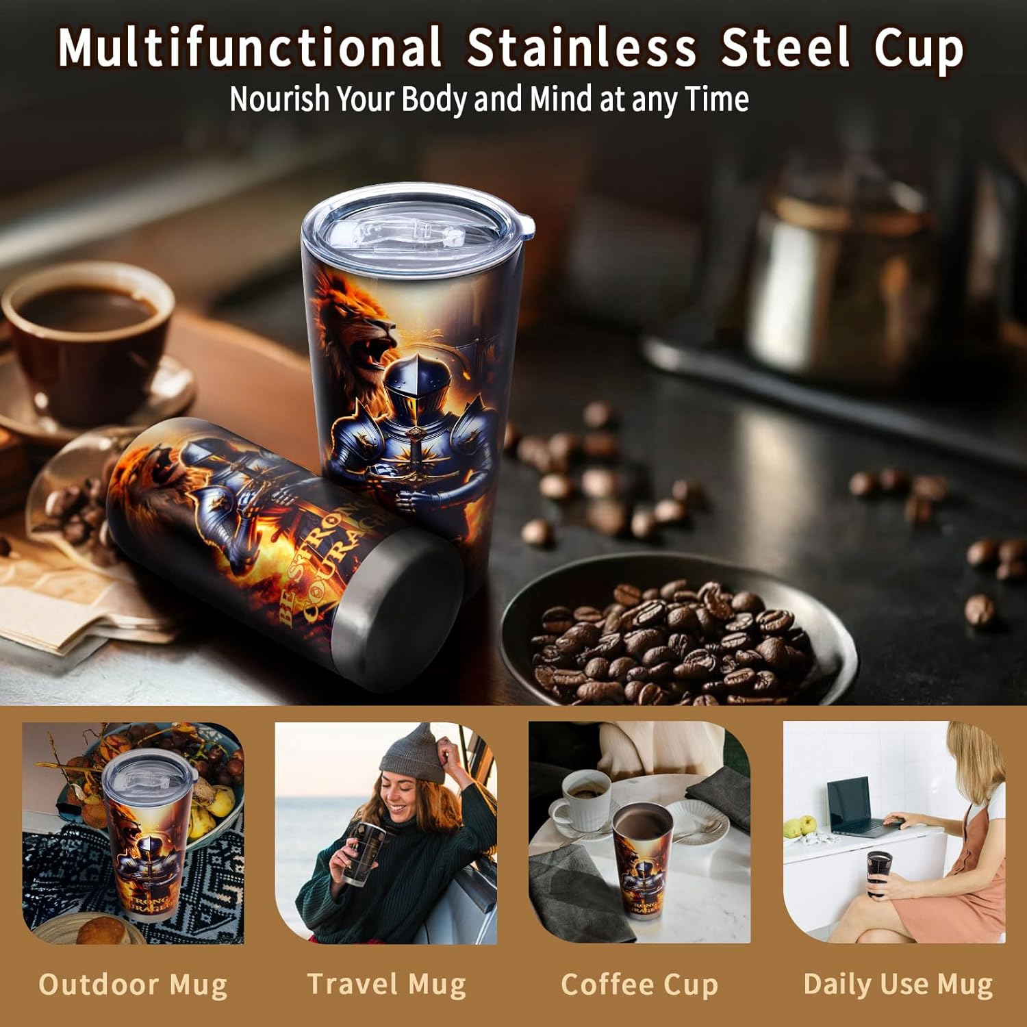 20 Oz Stainless Steel Tumbler, Double-Layer 304 Vacuum Insulated Cup | Leak-Proof Lid Reusable Insulated Mug with Straw, Keeps Hot and Cold for Home, Office, Travel and Car (Knight) - Image 3