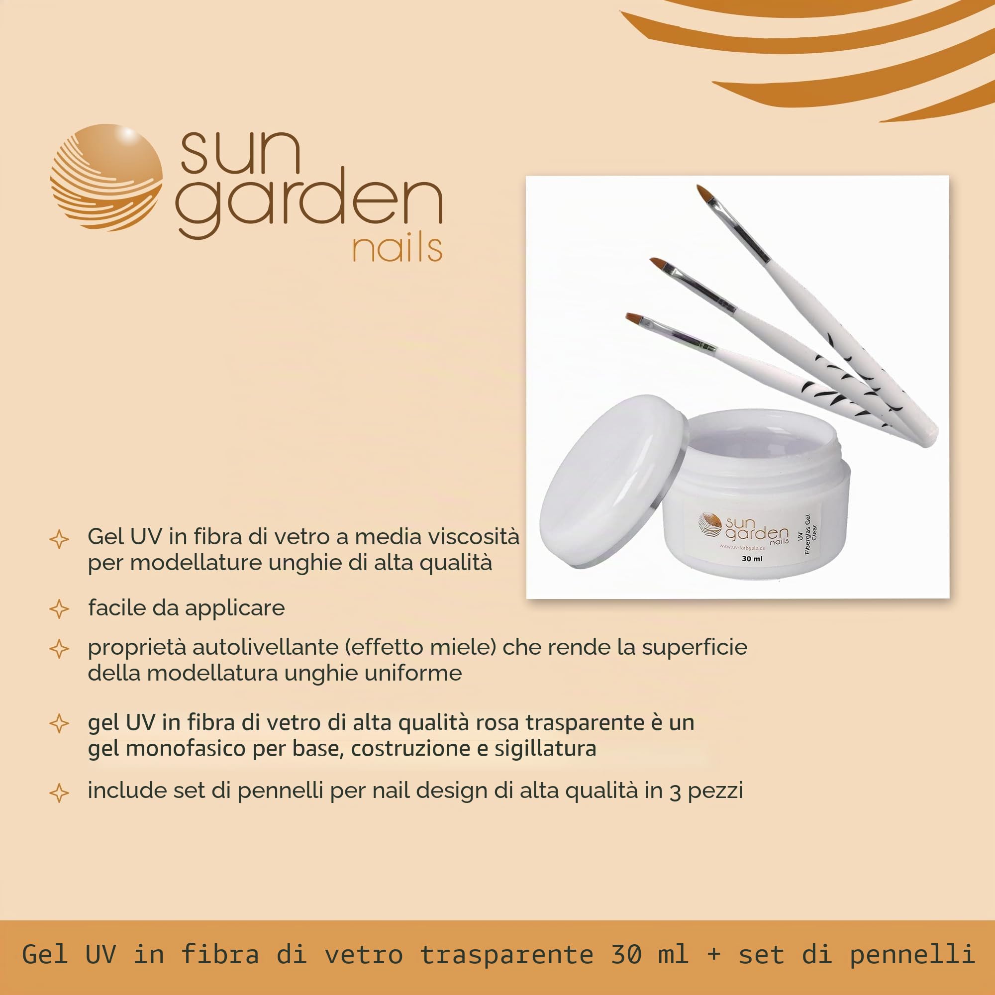 Sun Garden Nails Gel in fibra di vetro UV trasparente, 30 ml + set di pennelli