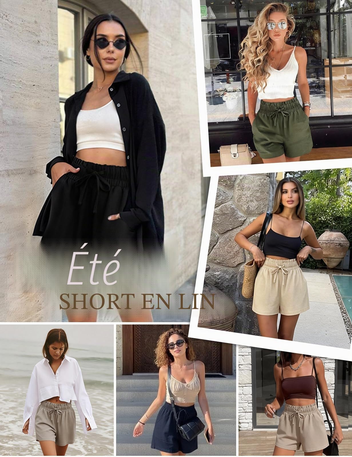 heekpek Short Lin Femme Ete Fluide Large Taille Haute Pantalon Court Femme Été Leger Short de Plage avec Poches