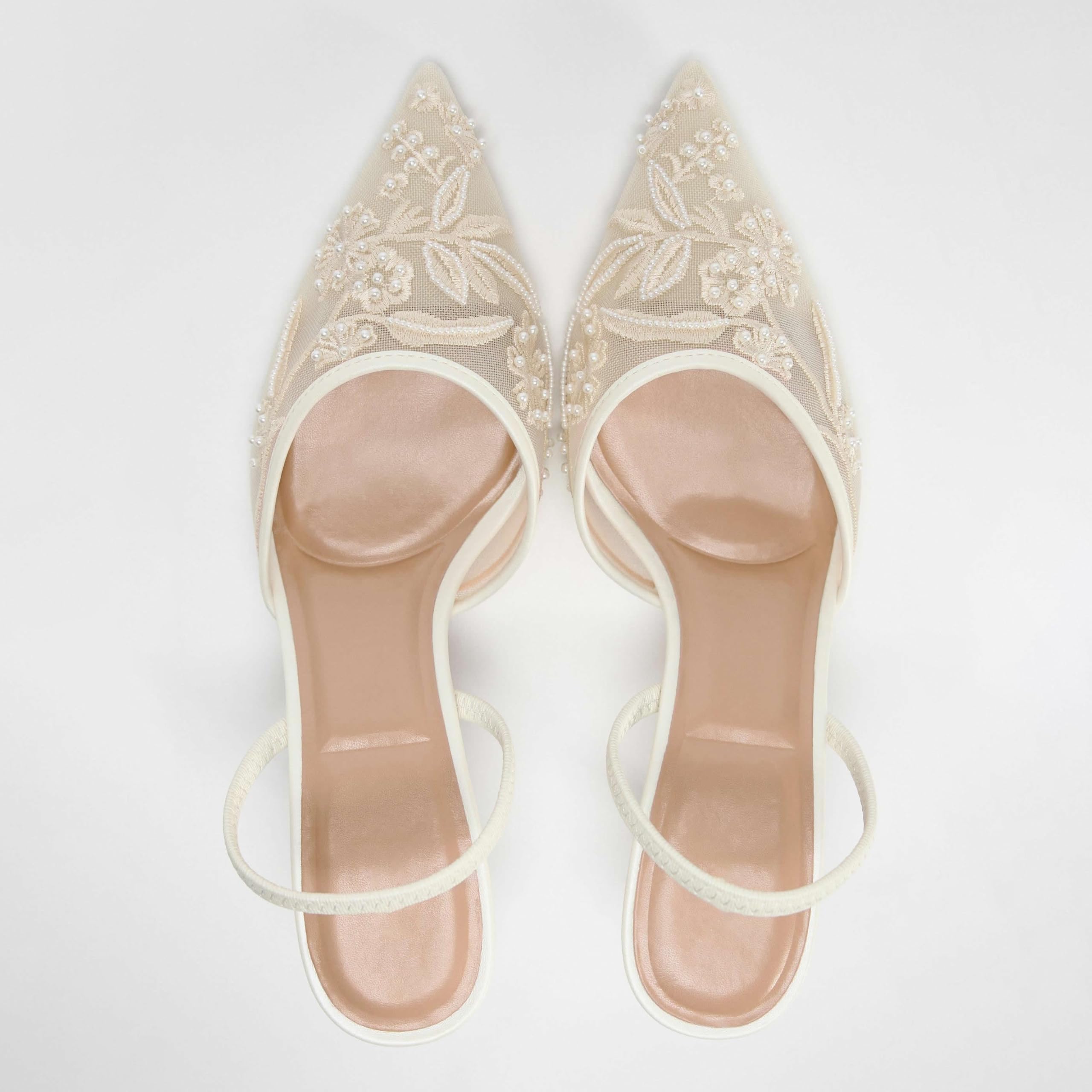 Scarpe col Tacco a Spillo con Cinturino Posteriore e Fiocco da Donna, Tacchi a Gattino con Punta affilata, Perline Ricamate in Rete, Scarpe da Sposa per Feste e Matrimoni,1 White,37 EU