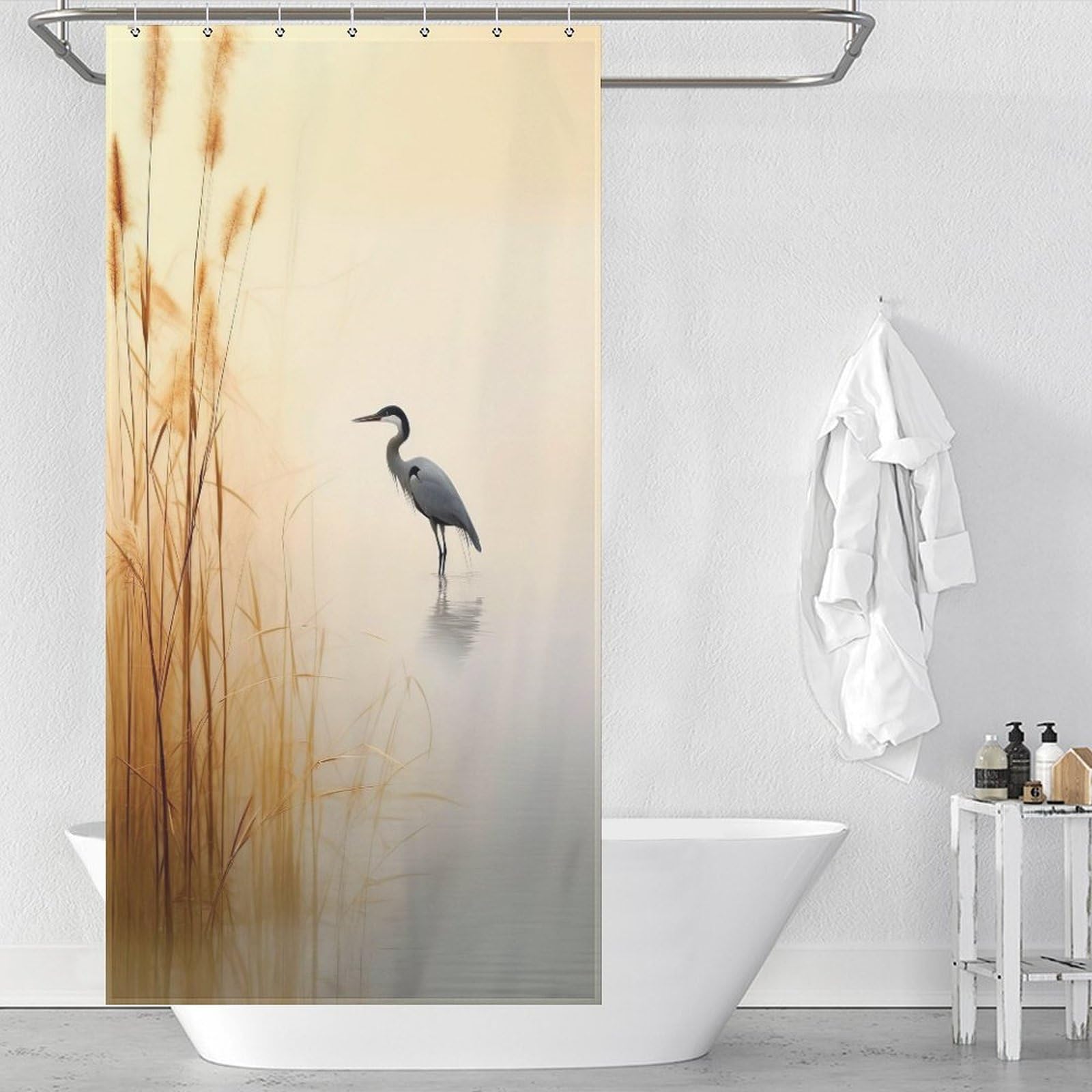 Rideau de douche grue en tissu lavable imperméable 92x183cm pour baignoire avec 12 crochets