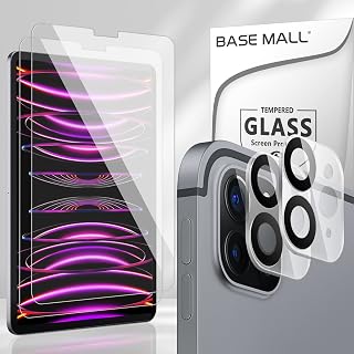 [2 Pack] BASE MALL iPad Pro 12.9-inch 6th/5th/4th Generation Tempered Glass Screen Protector 2022/2021/2020 + [2 Pack] iPad Camera Lens Protector, Apple pencil/Face ID Compatible, HD Clear/Bubble-Free