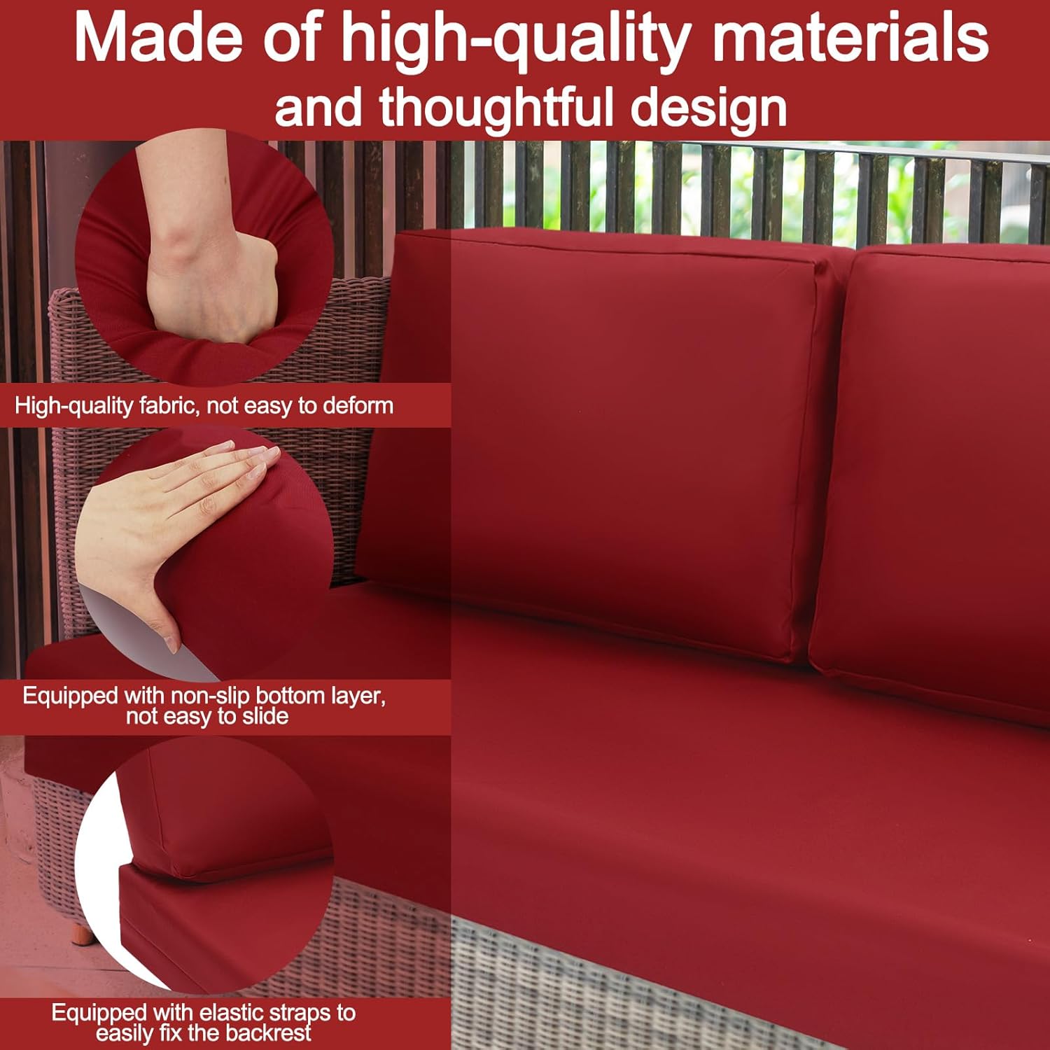 Wenqik 3 Pcs Waterproof Cushion Covers(Not Includes Cushion) 48'' x 24'' Outdoor Patio Furniture Seat Covers Fade Resistant Replacement Slipcover with Zipper for Outside Couch Swing Sofa(Burgundy)