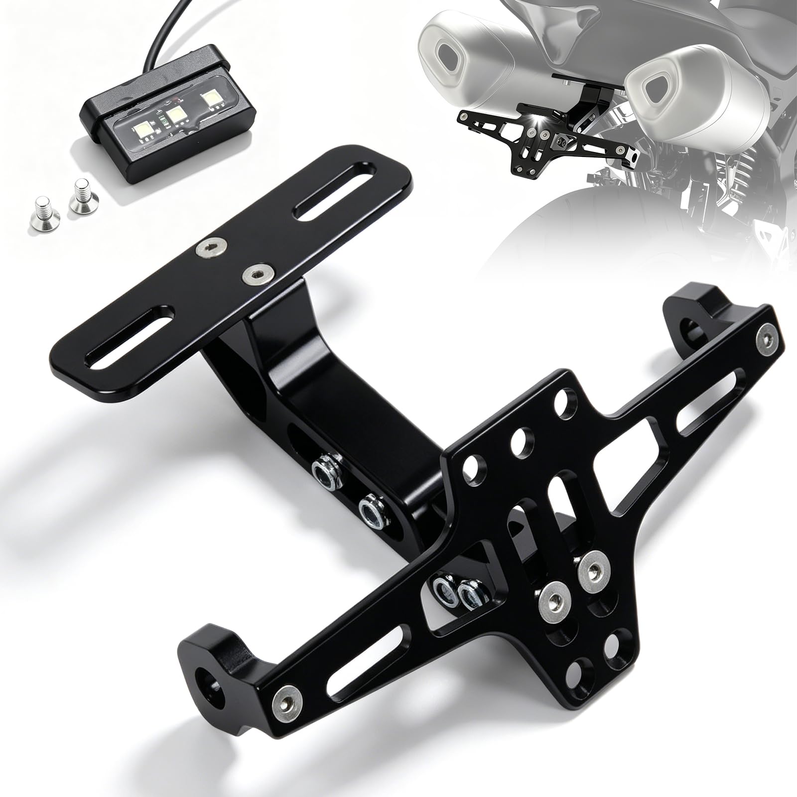 Support De Plaque D'immatriculation De Moto Réglable, Support De Plaque Moto en Aluminium, Universel Porte Plaque Immatriculation avec Lumière LED pour La Plupart des Modèles De Moto