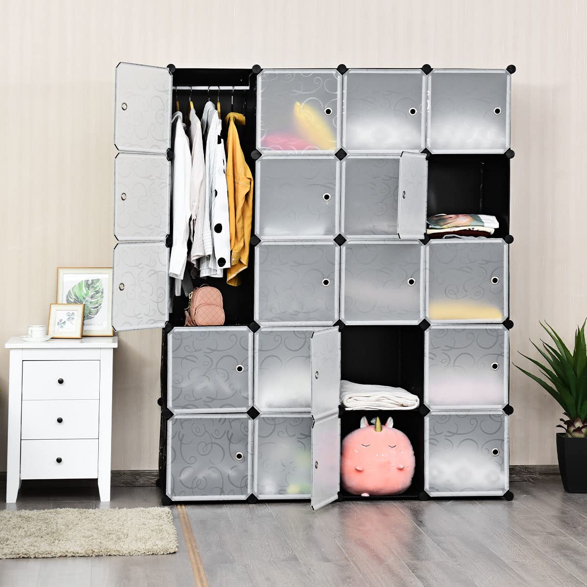GIANTEX Steckregal Regalsystem mit 20 Würfeln, Kleiderschrank Aufbewahrungsschrank modularer Organizer aus Kunststoff, Würfelregal stapelbar mit Kippsicherung, 145x47x180 cm