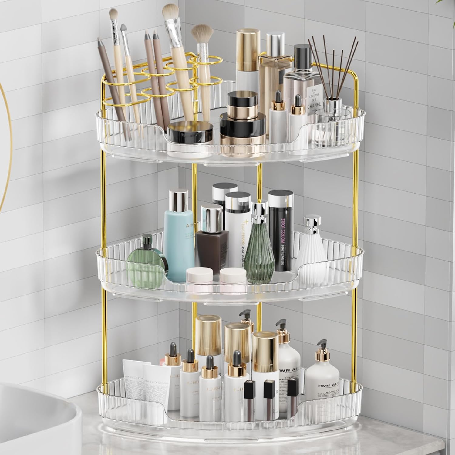 3-Tier Corner Bathroom Organizer Shelf, Perfume & Makeup Storage, (Crystal)