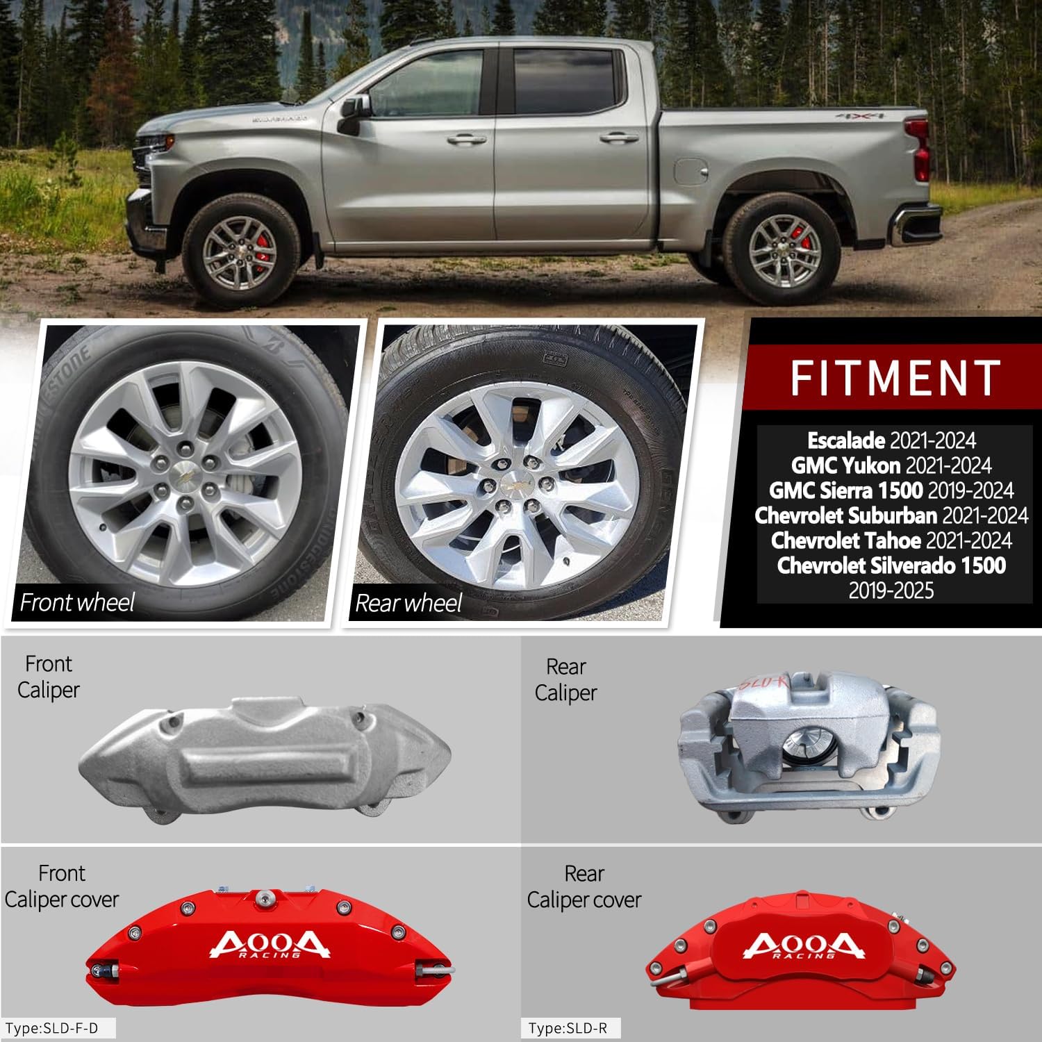 AOOA Brake Disc Red with White Character Caliper Cover Fits 2019-2026 Chevrolet Silverado 1500&Cadillac Escalade and 2021-2026 Suburban&Tahoe&2021-2026 GMC Yukon&2019-2026 Sierra 1500(Set of 4）