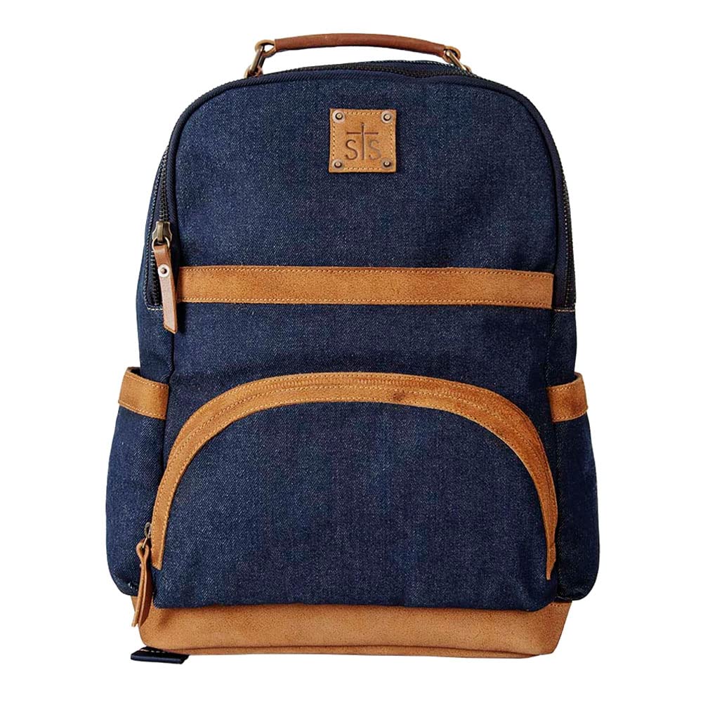 STS Ranchwear Traveling Outdoor Casual Everyday Blue Bayou Collection Denim Backpack with Adjustable Leather Shoulder Straps, One Size