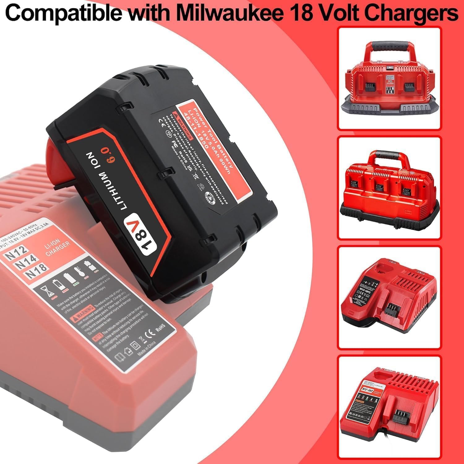 2-Pack 6.0Ah Lithium-Ion Battery Replacement for Milwaukee M18 Battery 48-11-1850 48-11-1860 48-11-1862 48-11-1865 48-11-1830, Compatible with Milwaukee All 18V Cordless Power Tools