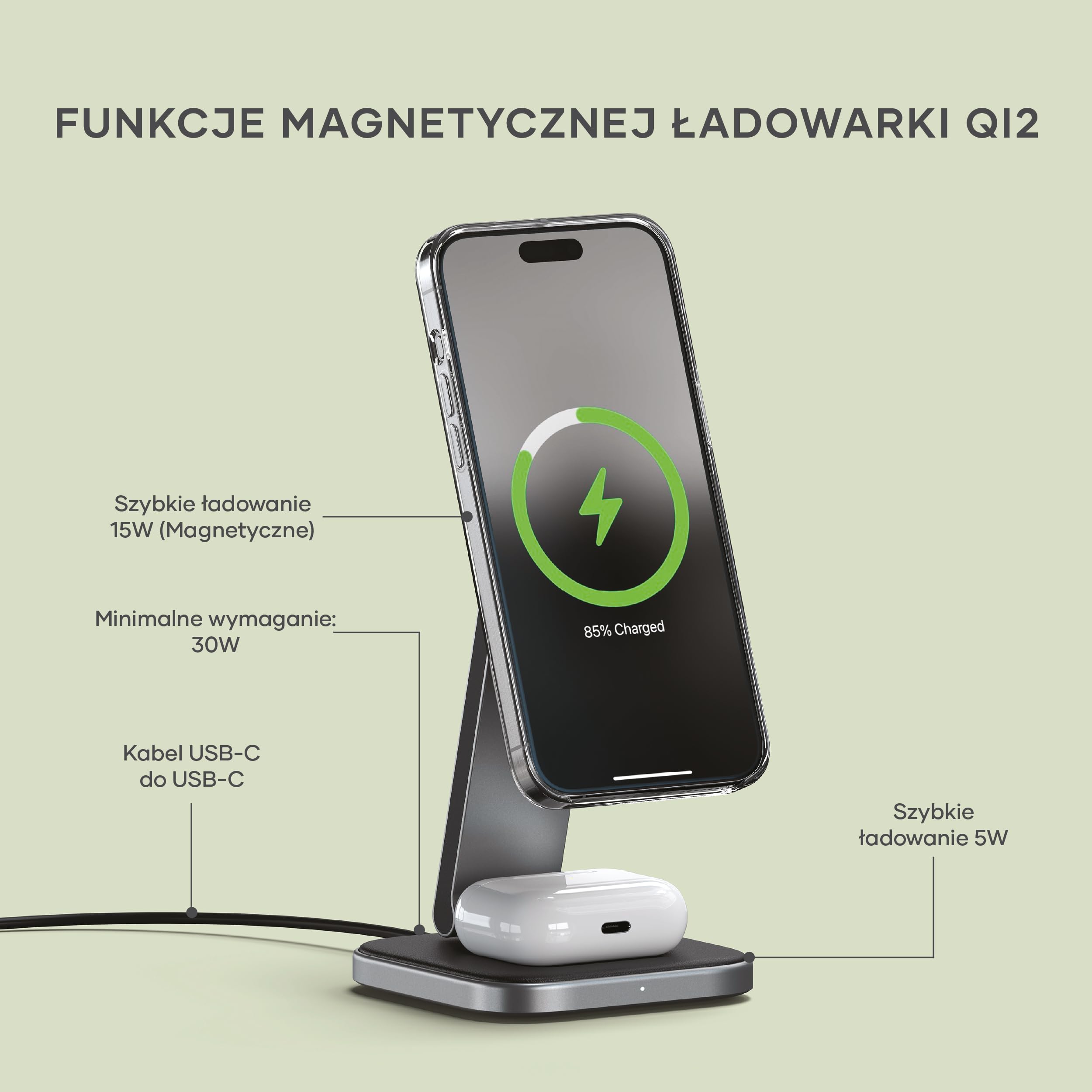 SATECHI OntheGo™ 2 w 1 Składana Ładowarka Bezprzewodowa, 15 W, Certyfikowana Magnetyczna Stacja Ładowania Qi2 Do Wszystkich Modeli iPhone 17 16 15 Do 12 I Apple Watch Series Ultra Se
