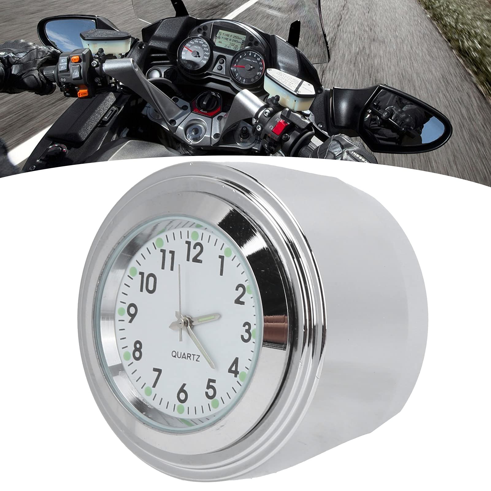 Kierownica Dial Zegar Motocyklowy， Zegar na Kierownicę Motocykla， Zegar do Montażu na Motocyklu Okrągły Zegarek Aluminiowy Wodoodporny Luminous Universal do Kierownicy 7/8in-1in(biały)