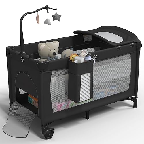 Paquete y juego 5 en 1, moisés de bebé, cama extragrande con ruedas, cuna con cambiador, patio de viaje plegable para recién nacidos a niños (negro)